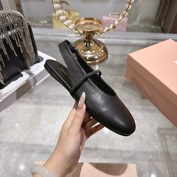 Miu Slingback Flats Black Leather 901738