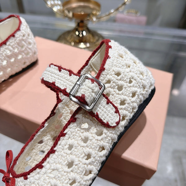 Miu Crochet Ballerinas Cream Red Wool Leather 901741