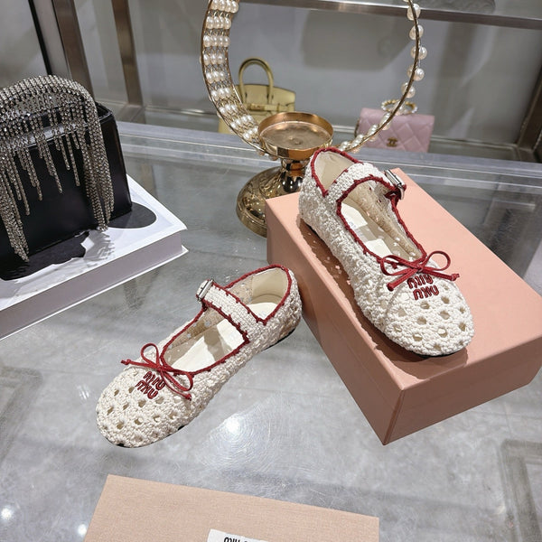 Miu Crochet Ballerinas Cream Red Wool Leather 901741