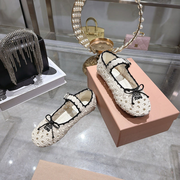 Miu Crochet Ballerinas Cream Black Wool Leather 901742
