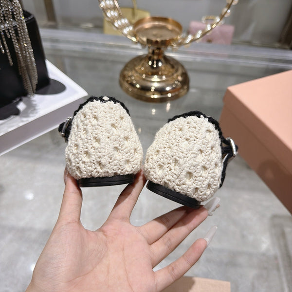Miu Crochet Ballerinas Cream Black Wool Leather 901742