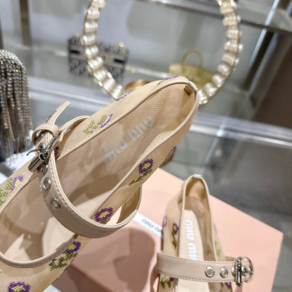 Miu 26s Embroidered Ballerinas Beige Mesh 951509