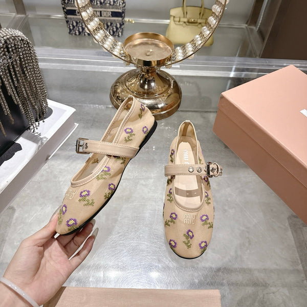 Miu 26s Embroidered Ballerinas Beige Mesh 951509