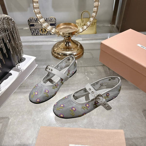 Miu 26s Embroidered Ballerinas Grey Mesh 951511