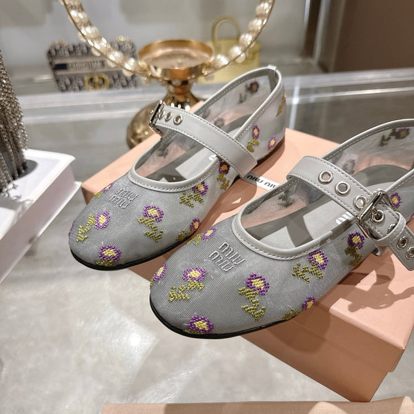 Miu 26s Embroidered Ballerinas Grey Mesh 951511