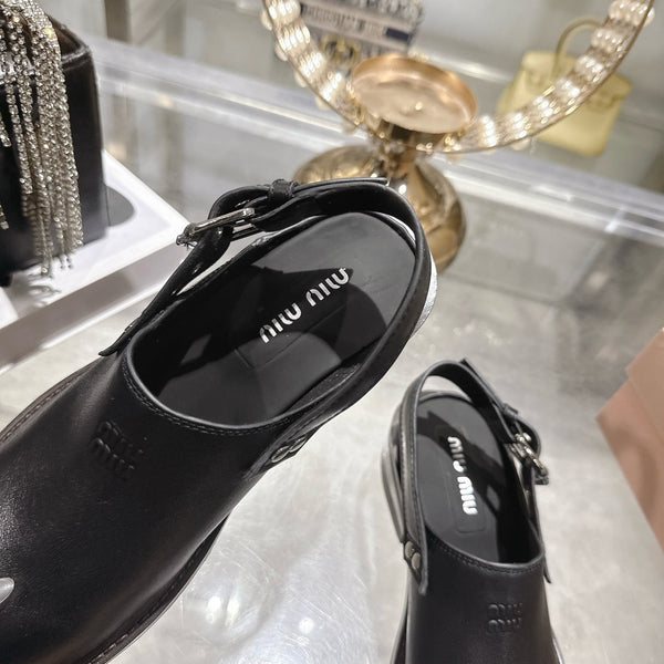Miu 26s Clogs Ankle-strap Black Leather 951507