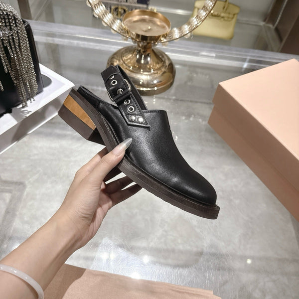 Miu 26s Clogs Ankle-strap Black Leather 951507