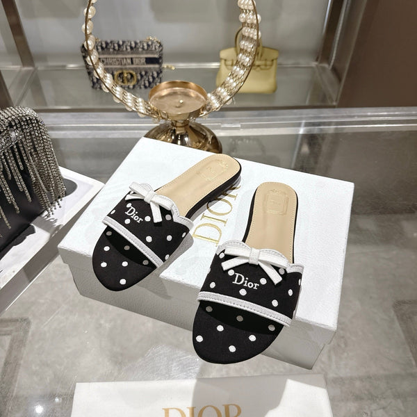 CD Dway Flat Sandal Polka Dior Black Motif Cotton Leather 951360