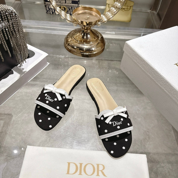 CD Dway Flat Sandal Polka Dior Black Motif Cotton Leather 951360