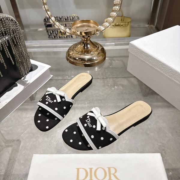 CD Dway Flat Sandal Polka Dior Black Motif Cotton Leather 951360