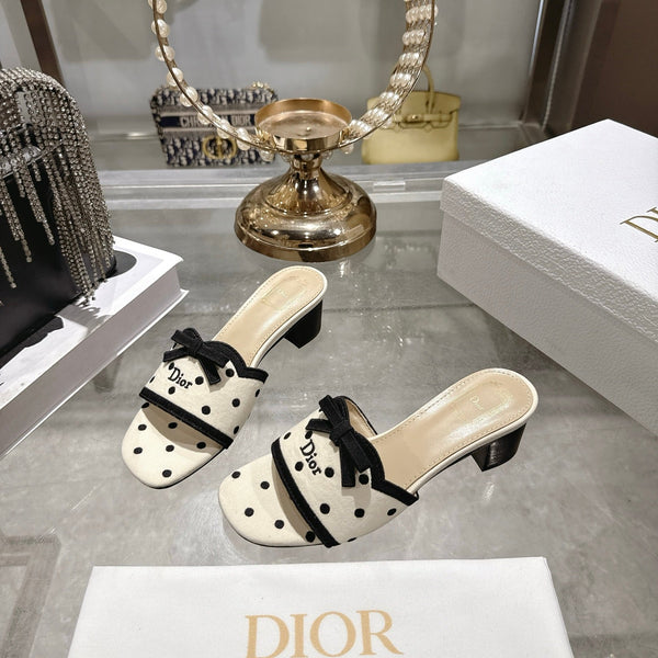 CD Dway Sandal 3.5cm Polka Dior Cream Motif Cotton Leather 951359
