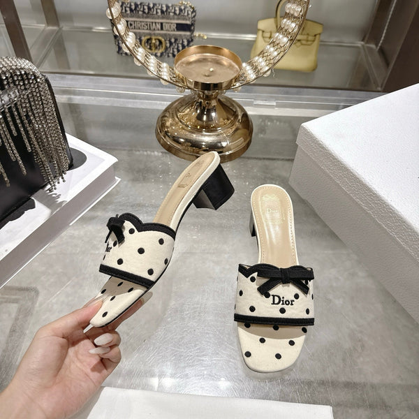 CD Dway Sandal 3.5cm Polka Dior Cream Motif Cotton Leather 951359