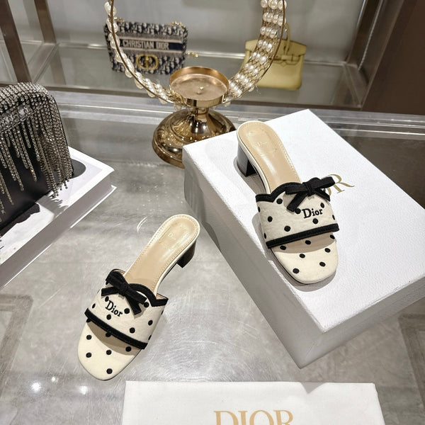 CD Dway Sandal 3.5cm Polka Dior Cream Motif Cotton Leather 951359