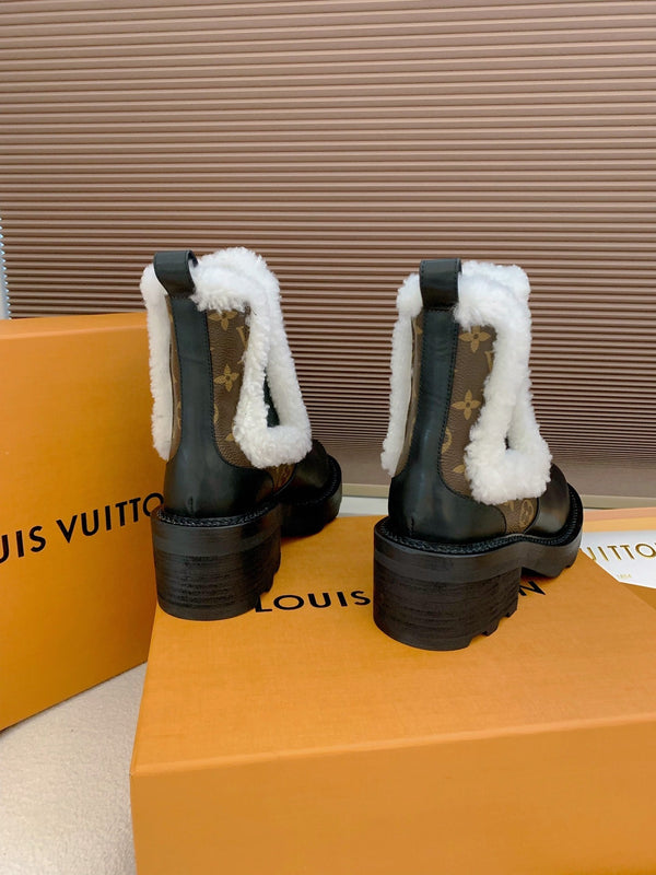 LV 25 Beaubourg Ankle Boots 40mm Black Brown Monogram Canvas & Cowhide Fur 556842