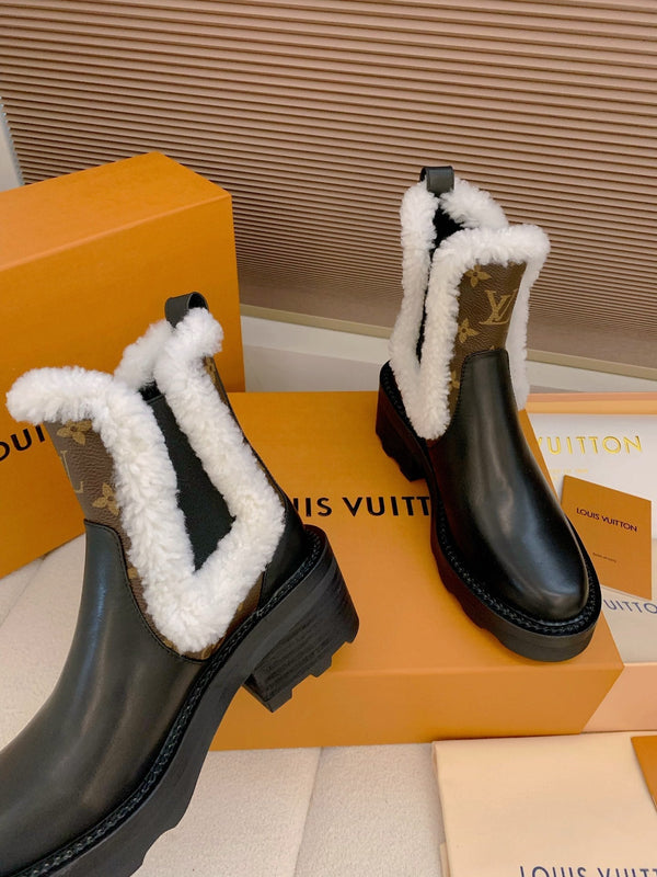 LV 25 Beaubourg Ankle Boots 40mm Black Brown Monogram Canvas & Cowhide Fur 556842