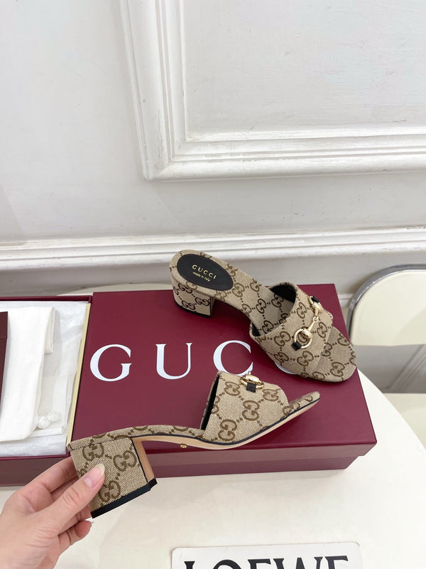 GG 26s Slide Sandal 5.5cm With Horsebit Brown Beige Canvas 640299