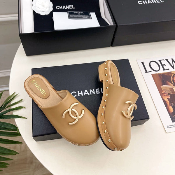 CC 26s Wood Platform Slip-on 3.5cm Beige Leather 891747