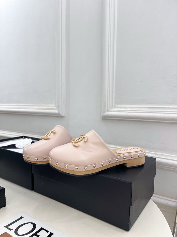 CC 26s Wood Platform Slip-on 3.5cm Light Pink Leather 891748