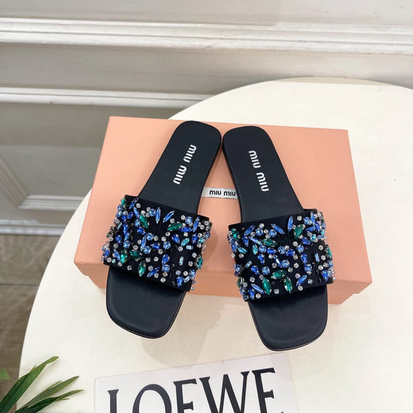 Miu 26s Rhinestone Flat Sandals Black Sheepskin Silk 891869