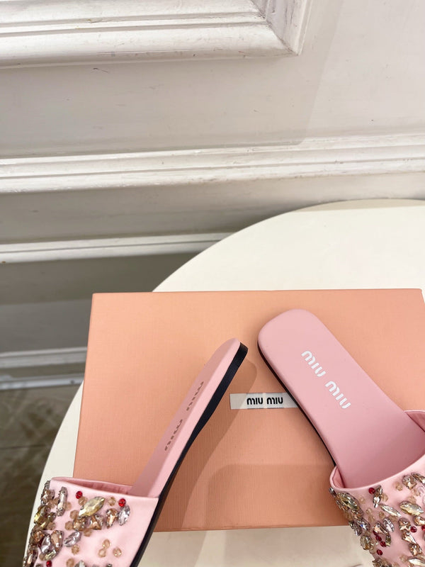 Miu 26s Rhinestone Flat Sandals Light Pink Sheepskin Silk 891871