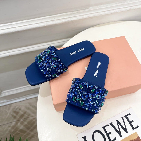 Miu 26s Rhinestone Flat Sandals Dark Blue Sheepskin Silk 891872