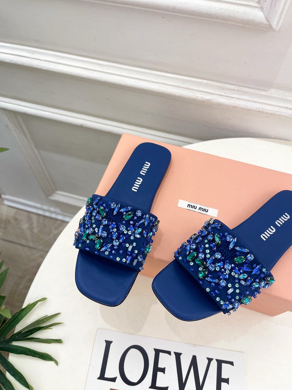 Miu 26s Rhinestone Flat Sandals Dark Blue Sheepskin Silk 891872