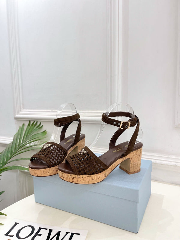 Prad Crochet Cork Platform Sandals 7cm Coffee Crochet 947378