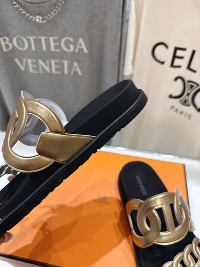 HM 26ss Sandals Black Gold Metallic Cowhide 641274