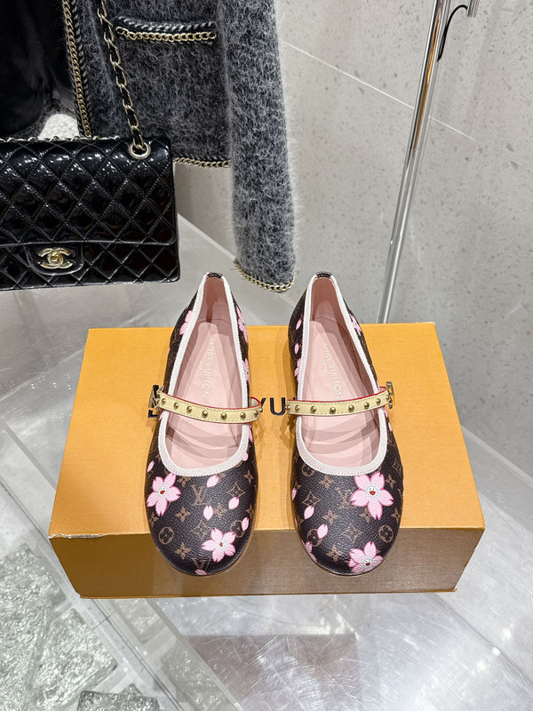 LV 26s Ballet Flats Brown Pink Monogram Leather 610839