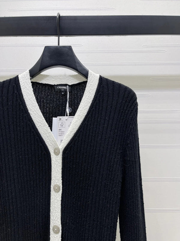Chanel 2026 V-neck Knit Cardigan White and Black Wool Viscose