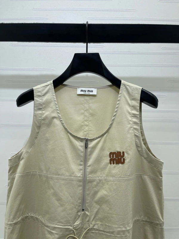 Miu 2026 Letter Label Waist-cinching Vest Dress Beige Polyester 392570