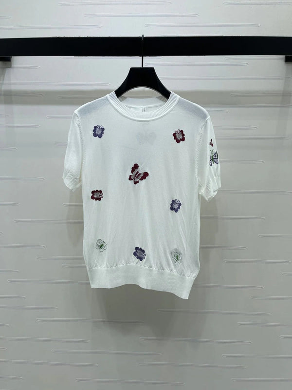 CD 2026 Embroidered Butterfly Knit Short-Sleeve T-Shirt Cotton 422553