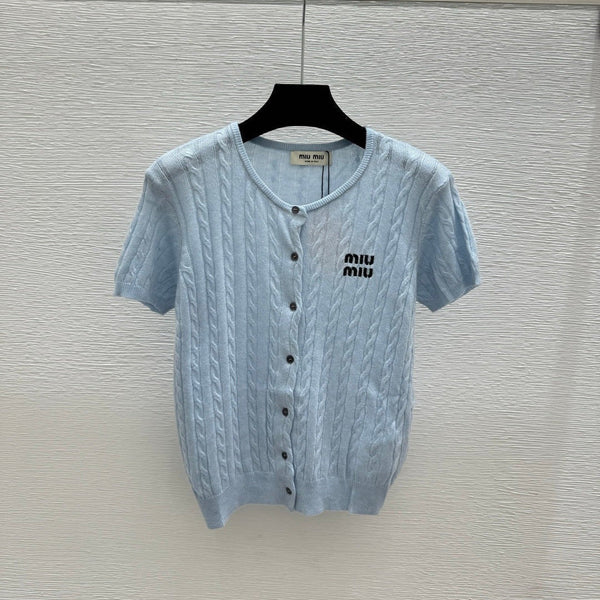 Miumiu 2026 Knit Short-sleeved Cardigan White and Blue Wool
