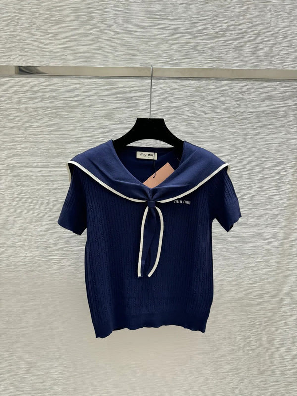 Miu Miu 2026 Sailor-style Knit Top With Tie Detail