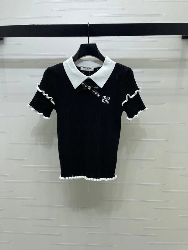 Miu 2026 Knitted Polo Shirt With Black Bow Wool Cashmere 414394