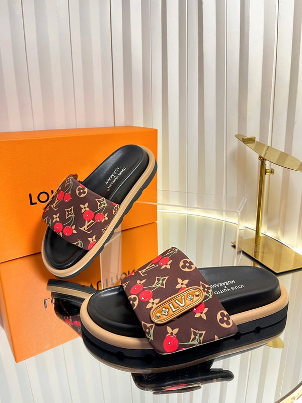 LV 26s Slippers Black Brown Red Fabric Sheepskin 616349
