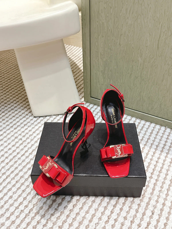 YSL 26ss High-Heeled Sandals 85 Red Black Patent Leather 654677