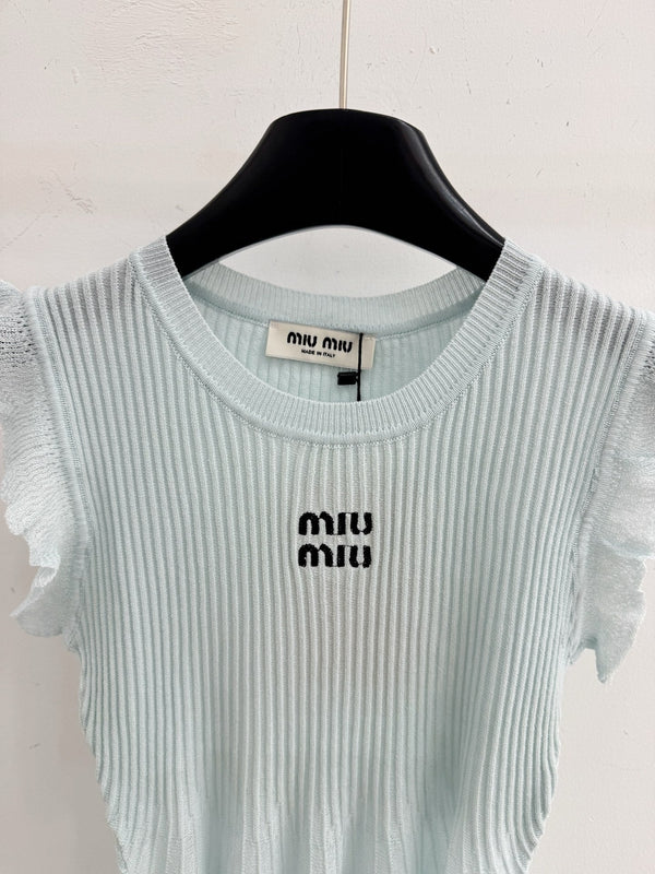 Miu 2026 Ruffled Sleeveless Knitwear Light Blue Cotton 516685