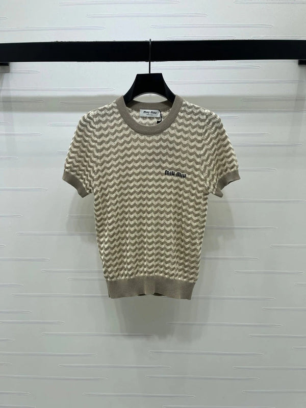 Miu 2026 Hollow-out Knit Short-sleeved Top Tencel Cotton 395656