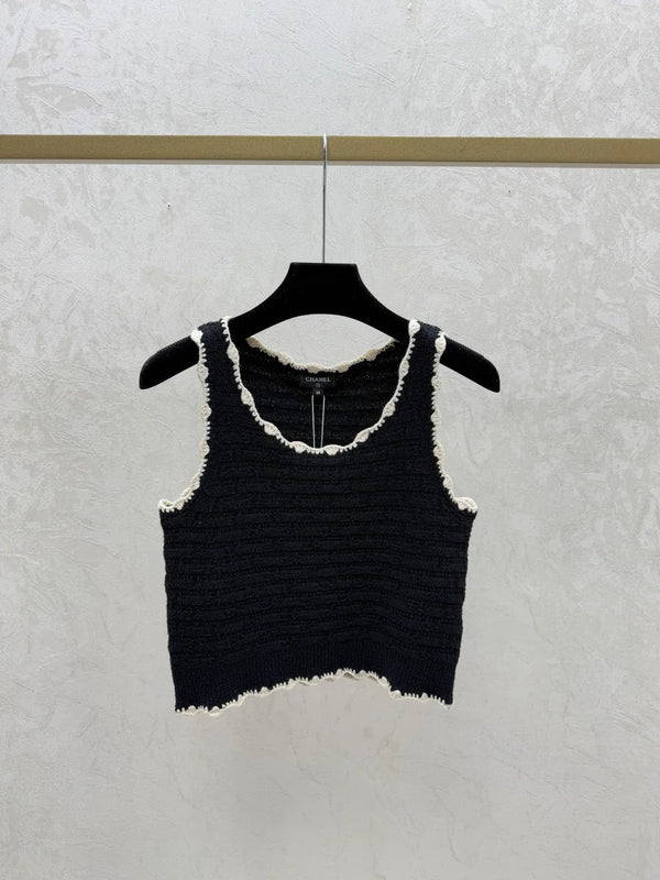 Chanel 2026 Crochet Knit Vest Black and Off-White Wool