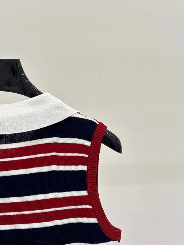 Chanel 2026 Striped Vest With Double C Logo Red White Blue Wool 394731