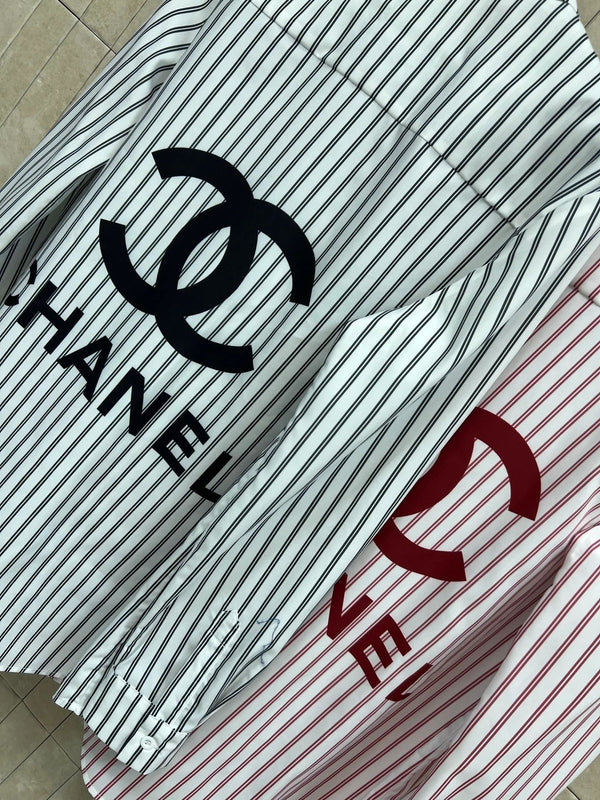 Chanel 2026 Logo Embroidered Striped Shirt Pink and Black Cotton 355062