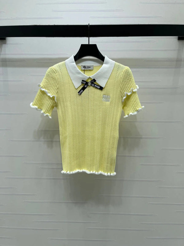 Miu 2026 Knitted Polo Shirt With Black Bow Wool Cashmere 414394