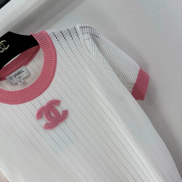 Chanel 2026 Color-blocked Knit Short-sleeved Shirt White Pink Wool 395614