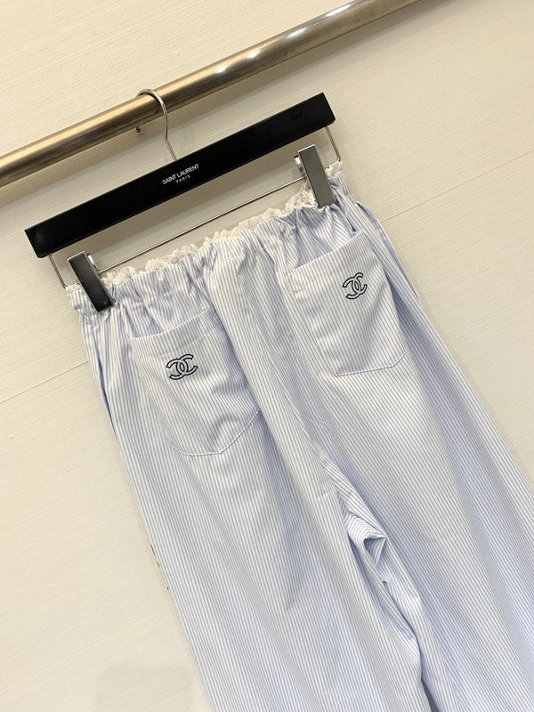 Chanel 2026 Striped Lace-trimmed Trouser Light Blue Cotton