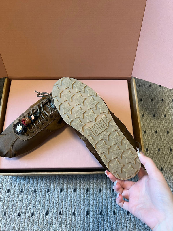 Miu Miu 2026 Plume Sneaker With Floral Charm Brown Satin 621344