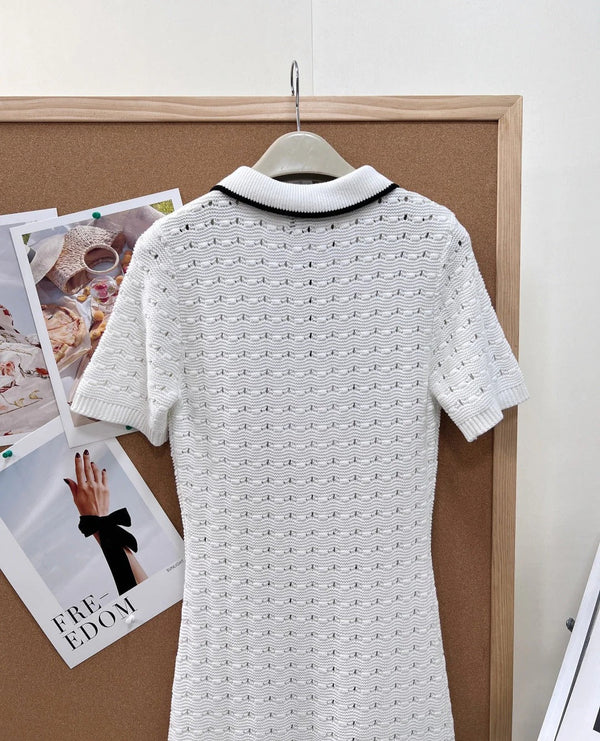 CC 2026 Polo Collar Openwork Knit Dress White Cotton 434950