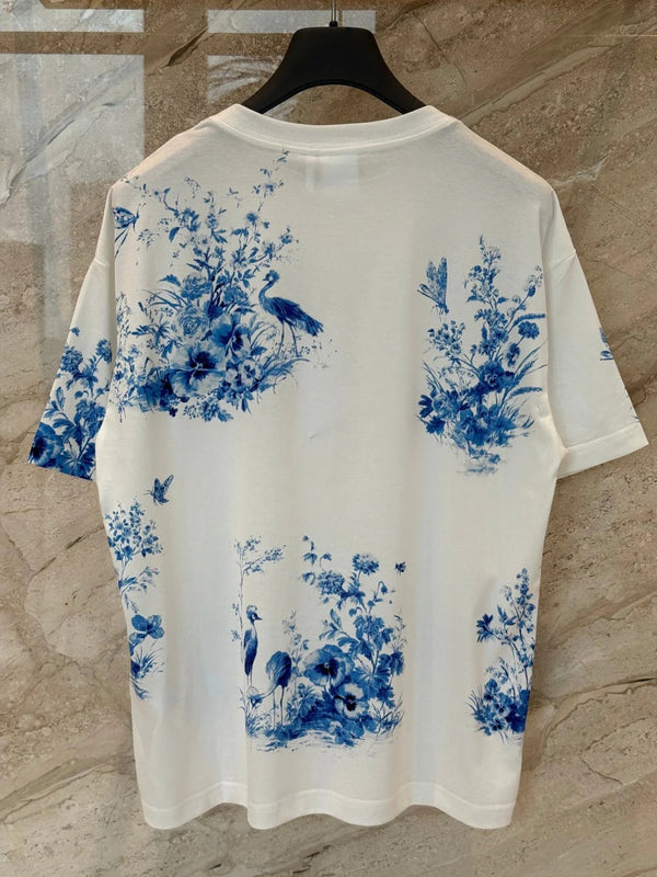CD 2026 Blue Floral and Bird Print Short-Sleeve T-Shirt Cotton 415774
