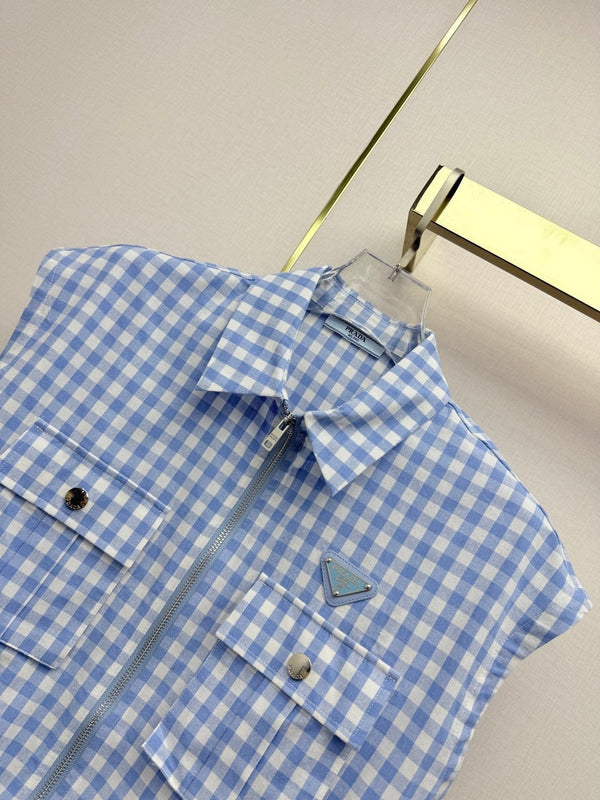 Prad 2026 Plaid Top With Short Blue White Cotton 393519