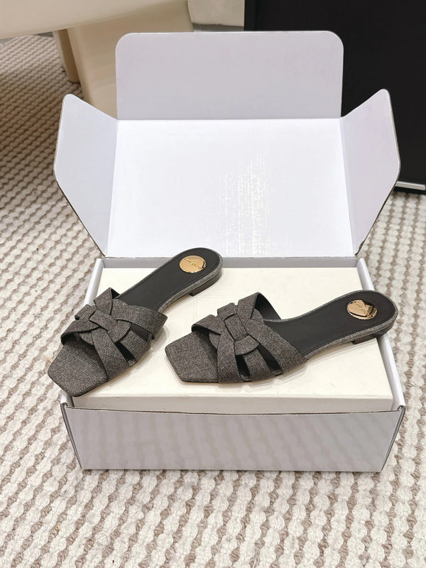 YSL 26ss Flat Slippers Dark Gray Denim Leather 654728